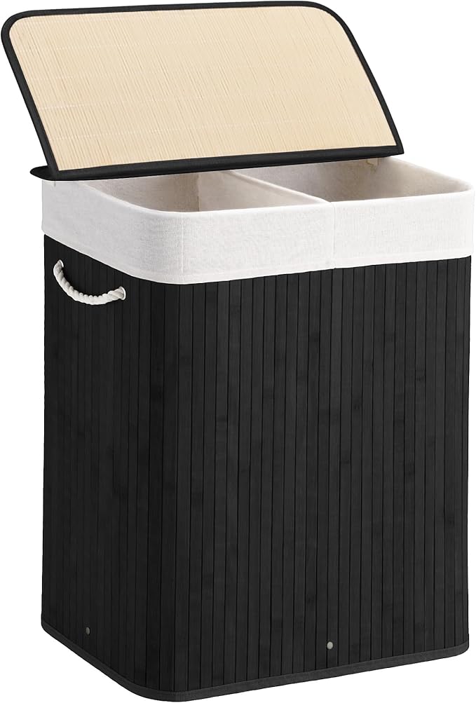 Aliphon 100L Laundry Hamper with lid, 2-Section Clothes Laundry Basket with Handles, Large Collapsible Bamboo Baskets for Bedroom, Bathroom, Dorm, Ink Black by Aliphonbyningge_ysHOME