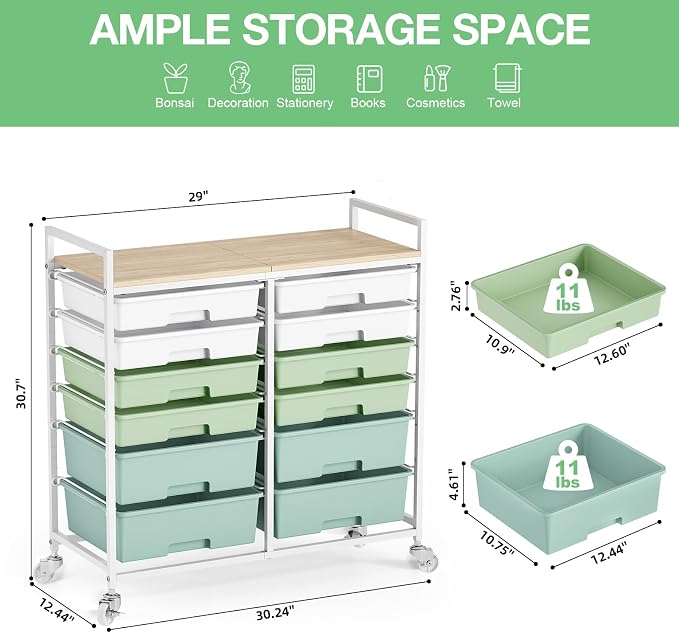 TOOLF 12 Drawers Rolling Storage Cart with Wooden Top for Classroom,Green | Teacher Cart Craft Art Supply Organizer, Utility Cart with Lockable Wheels for Home Household Essentials, Office Organization - Image 3