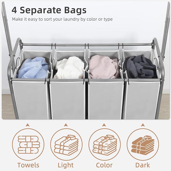 STORAGE MANIAC Laundry Sorter with Hanging Bar, Portable, Removable Laundry Hamper Cart with Heavy Duty Lockable Wheels and Removable Bags, Rolling Laundry Basket Organizer 181L, 4 Section Gray - Image 5