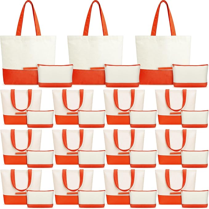 Sanwuta 30 Pcs Canvas Tote Bags Bulk with Zipper Cosmetic Pouch,Orange | 18.5" Reusable Cotton Shopping Bag with Handle for DIY Craft by Sanwuta