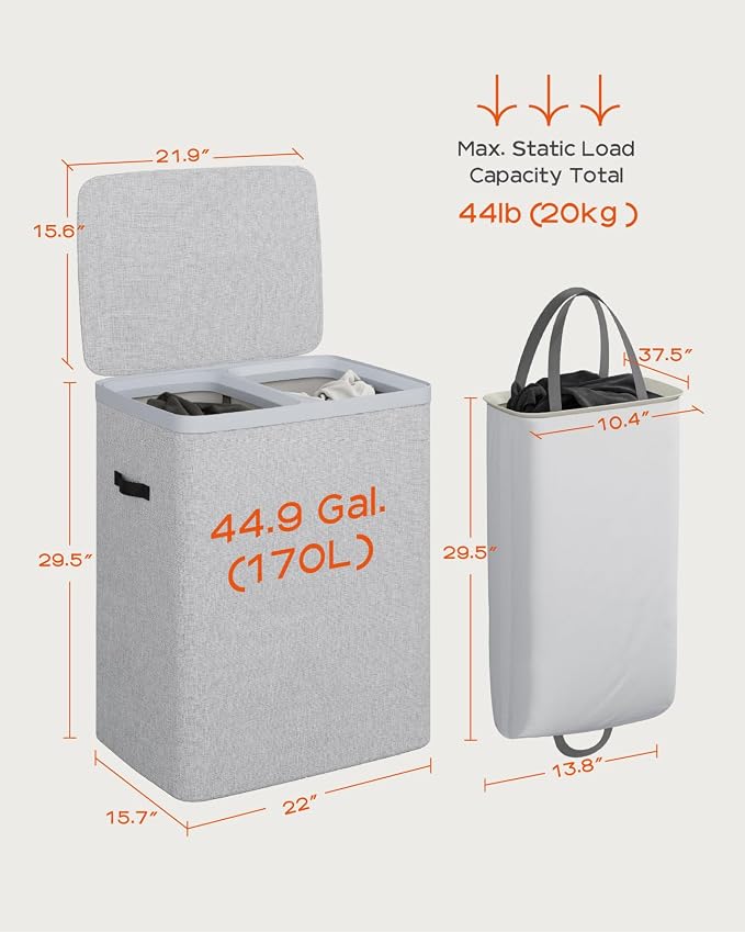 CASAMAYA Laundry Basket with Lid, Laundry Hamper 2 Section, 170L collapsible Laundry Organizer, Easy Assembly, with Handles and Removable Liners, 22 x 15.7 x 29.5 Inches, Gray JSP903G - Image 6