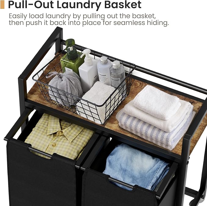 SwaaVee Laundry Sorter, Laundry Hamper with Wooden Top Shelf, 2×14.5Gal(110L), Metal Frame laundry basket with wheels, Pull out and Removable Laundry Bags, 2 Bags-Black - Image 6