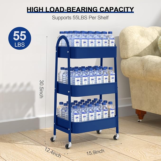 3 Tier Utility Rolling Cart, Metal Storage Cart with Handle and Lockable Wheels, Multifunctional Storage Organizer Trolley with Mesh Baskets for Kitchen, Living Room, Office, Garage (Indigo) - Image 6
