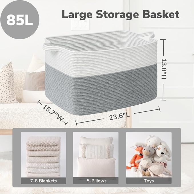 Goodpick 85L Large Woven Rope Blanket Basket, Rectangle, White Gray | 23.6'' x 15.7'' x 13.8'' Storage Basket for Blankets & Pillows, Living Room & Bedroom Organization, Reinforced Handles - Image 3