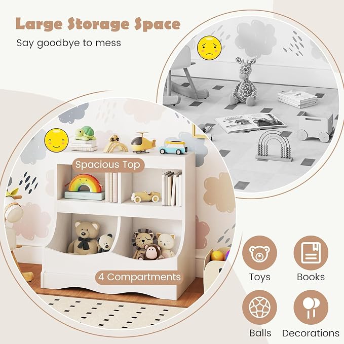 HONEY JOY Kids Toy Storage Organizer, 4-Cubby Wooden Bookcase Cabinet, 2-Tier Open Daycare Shelf for Preschool, Kids Display Bookshelf for Bedroom, Playroom, Classroom & Nursery (White) - Image 6