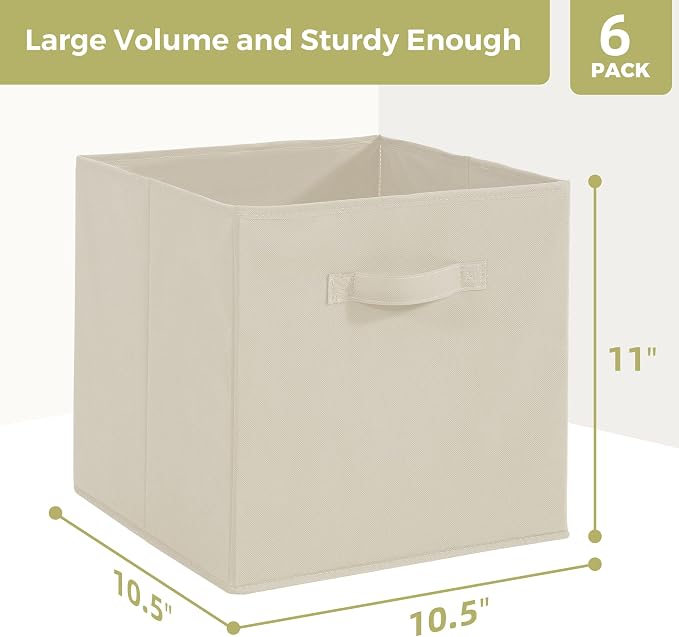 Storage Cubes, 11 Inch Cube Storage Bins, Set of 6, Fabric Foldable Storage Bins With Handles, Closet Storage Organizer Bins, Cubby Clothing Storage Baskets for Shelves, Beige - Image 2