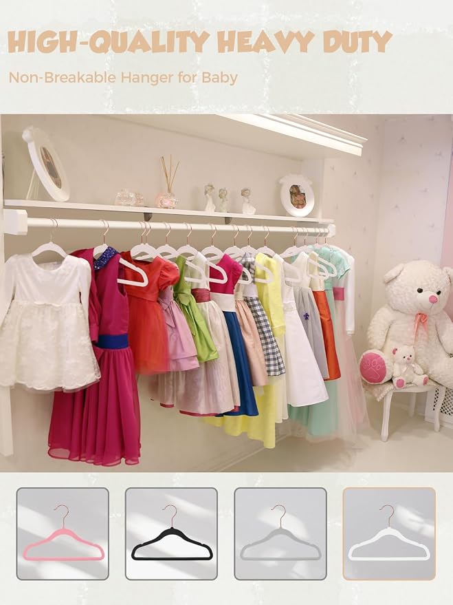 11.8" Premium Baby Velvet Hangers for Closet, 50 Pack, White | Durable Kids Felt Hangers, Non Slip and Space Saving with 360° Rose Gold Hooks for Infant and Toddler Clothes; Holds 10 lb - Image 8