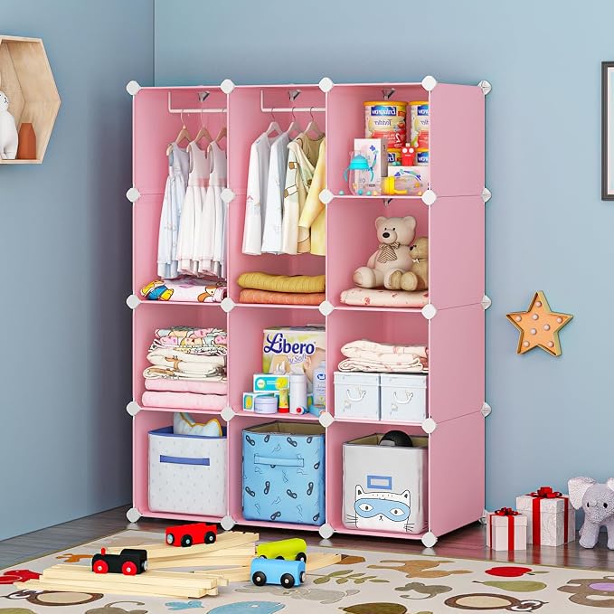 VIPZONE Baby Dresser, Kids Closet Organizers, Portable Kids Wardrobe for Closet, Bedroom, Nursery, Cubby, Cabinet, Clothes, Dress, Baby Storage Shelf, Armoire Clothes Hanging (12 Cube, Pink) by VIPZONE