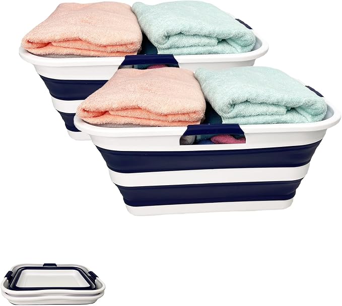 SAMMART 42 (11 Gallons) Collapsible Plastic Laundry Basket, Foldable Pop Up Storage Container/Organizer, Space Saving Hamper, Portable Bin for Dorm Room Bathroom (2, White/Starry Blue) by SAMMART