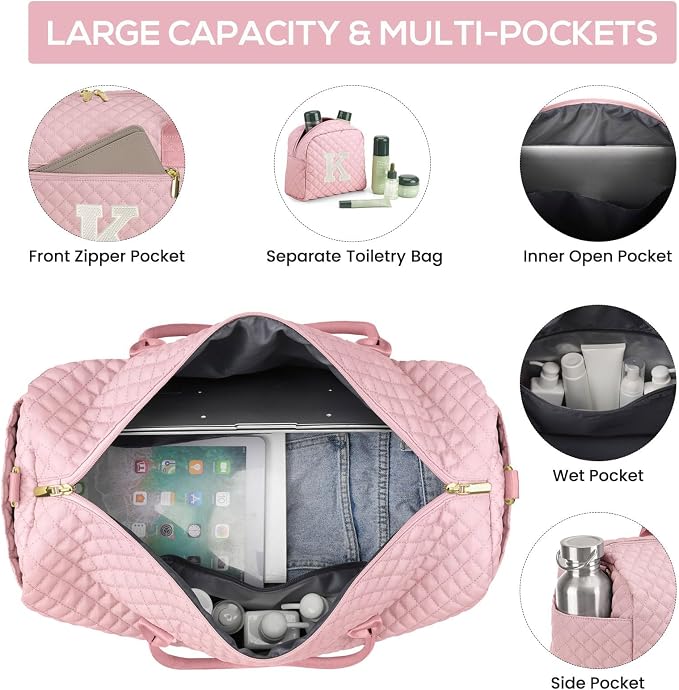 Letter Weekender Bags for Womens - Duffle Bag with Shoe Compartment Personalized Overnight Bag with Toiletry Bag Duffel Bags for Gym Hospital Bags Gift for Women Pink (Letter K) - Image 2