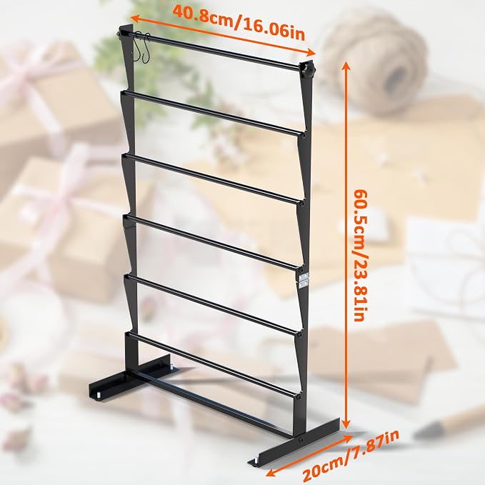 Alyoen 6 Tier Ribbon Organizer, Metal Ribbon Holder Storage Rack with Activity Hooks, Ribbon Spool Holder for Craft Room Sewing Thread Mesh Ribbon Wreath Washi Tape, Florist Arts Wrapping Gift - Image 6