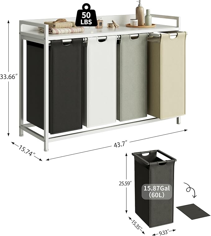 Herture Laundry Hamper with Shelf, Laundry Basket 4 Section, Laundry Sorter with Pull-Out Removable Large 4 Color Bags and Movable Wheels, Metal Frame, 4 x 15.87 Gallons (60L), White PF07XLE - Image 4