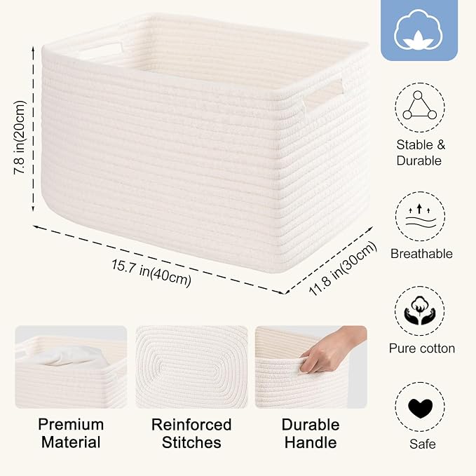 4 Pack Storage Baskets for Organizing, Woven Baskets for Shelves - Perfect for Toys, Books, Towels, and Clothes, Durable Gift Basket Bins Toy Storage, 15.7''Lx11.8''Wx7.8''H, White - Image 2