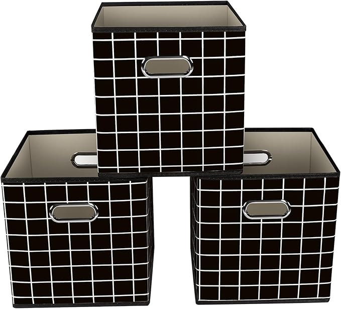 Yunkeeeper storage bins Cubes, Fabric Cube Organizer with Handle, Foldable Cube Bins for Cloth or Accessary Storage, 11x11x11, Set of 3,(Black grid) by Yunkeeper