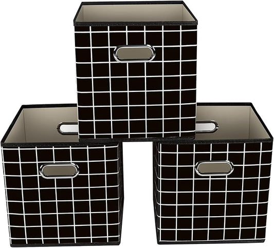 Yunkeeeper storage bins Cubes, Fabric Cube Organizer with Handle, Foldable Cube Bins for Cloth or Accessary Storage, 11x11x11, Set of 3,(Black grid) by Yunkeeper