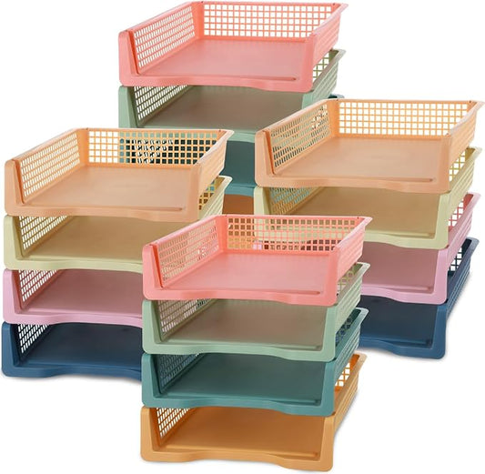 16 Pack Boho Plastic Turn in Paper Trays for Classroom Storage Bin Basket Organizers for School Teacher Supplies Classroom Office Home Organization Storage Tray Holds 4A Paper File Document by gisgfim