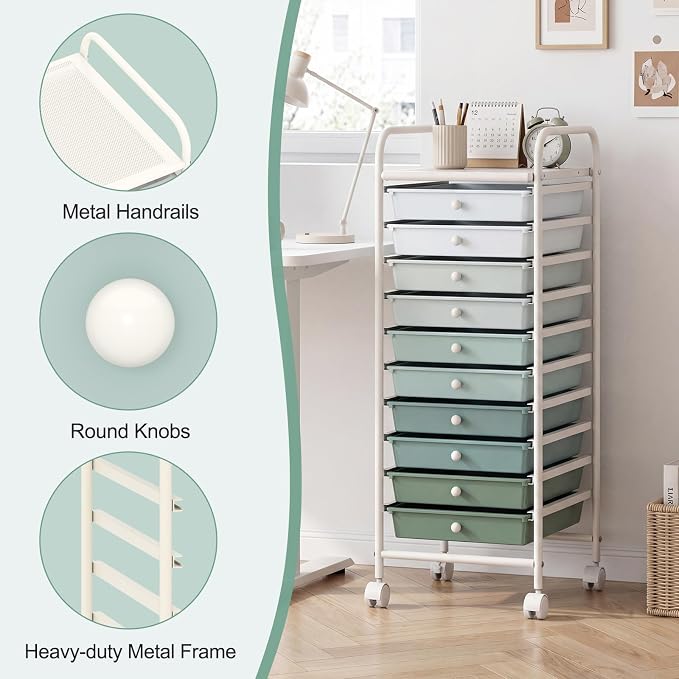 GOFLAME 10-Drawer Rolling Storage Drawer Cart, Utility Cart with Removable Drawers & Metal Frame, Mobile Art Craft Drawer Cart with Lockable Wheels for Home, Office, Studio, School, Green Gradient - Image 6