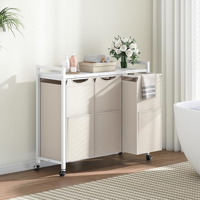 HOOBRO Laundry Sorter 3 Section, Laundry Hamper with Wheels, 3 × 11.5 Gal (43.4L), Rolling Laundry Basket, Pull-Out and Removable Oxford Fabric Bags, White WG76XY01 - Image 2
