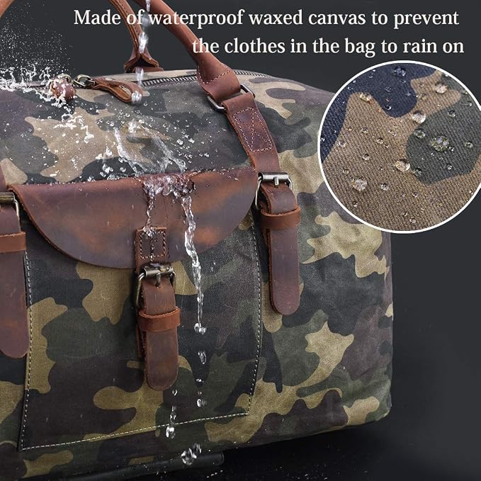 Oversized Travel Duffel Bag Waterproof Canvas Genuine Leather Weekend bag Weekender Overnight Carryon Hand Bag Camo - Image 2
