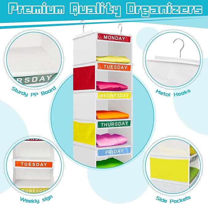2 Pcs 7 Shelf Weekly Clothes Organizer for Kids Hanging Closet Organizer 11. 8 x 11. 8 x 50 Inches Daily Activity Kids Clothes Storage Drawers Cube Drawers Closet Hanging Shelves(White) - Image 3