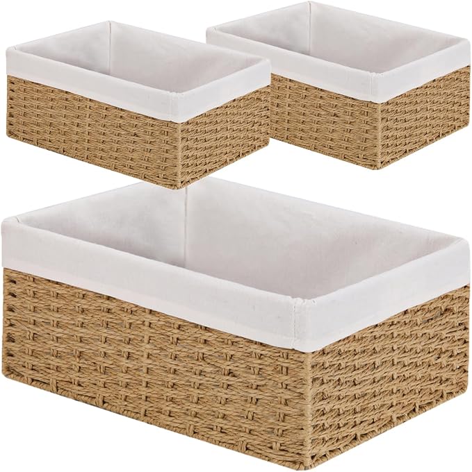 Wicker Baskets for Storage, Set of 5 Hand-Woven Wicker Storage Baskets for Shelves, Cube Storage Baskets Bins with Handles, Wicker Basket for Organizing Pantry Bedroom, Natural - Image 6