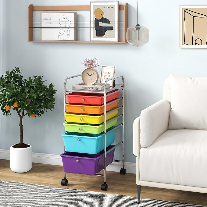 Giantex 6 Storage Drawer Cart Rolling Organizer Cart for Tools Scrapbook Paper Home Office School Multipurpose Mobile Utility Cart (Tomato, Orange, Light Green, Turquoise, Purple) - Image 2