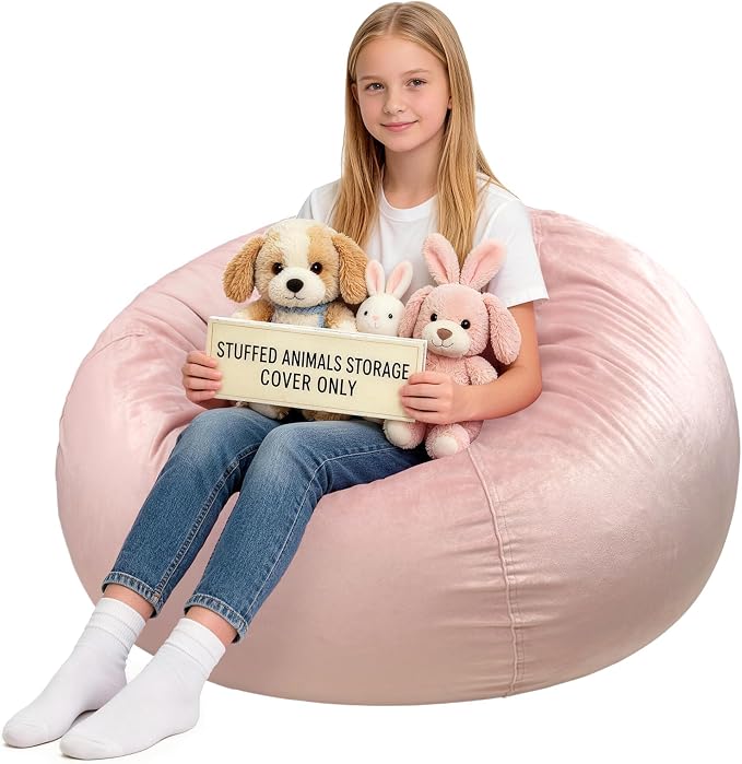 Lukeight Stuffed Animal Storage Bean Bag Chair Cover for Teens, Velvet Plush Toy Organizer Seat, Cover Only, No Filling Included, Long YKK Zipper, Side Pocket, XX-Large 36"D x 20"H by Lukeight