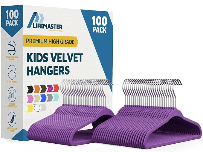 Purple Velvet Kids Hangers 100 Pack, 10.83" Non-Slip Baby & Toddler Hangers for Clothes, Space-Saving Slim ABS Plastic with 360° Swivel Hook & Notched Shoulders, Up to 10 lb Capacity by LIFEMASTER