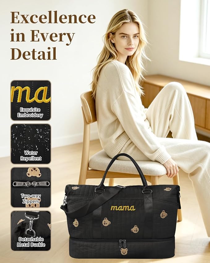 Mama Maternity Hospital Bag Essentials for Women Labor Delivery Baby Diaper Organizer with Shoe Compartment & Toiletry Pouch Travel Duffle Bag for Pregnancy Mommy Weekender Overnight Gifts,Black Bear - Image 7