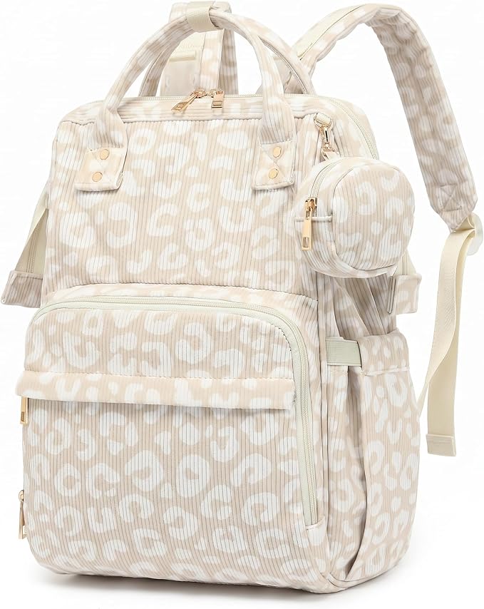 Baby Diaper Bag Backpacks for Mom Dad, Corduroy Large Capacity Multifunction Nappy Bag with Pacifier Case, Baby Travel Essentials Diaper Backpack for Boys Girls - Leopard Khaki by Unknown