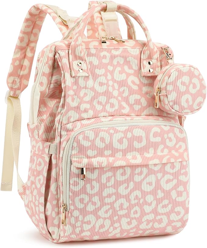 Corduroy Diaper Bag Backpack, Large Capacity Multifunction Baby Diaper Bags for Women, Insulated Bottle Pockets & Pacifier Case, Stylish Travel Nappy Changing Bags for Mom Dad (Leopard Pink) by Unknown