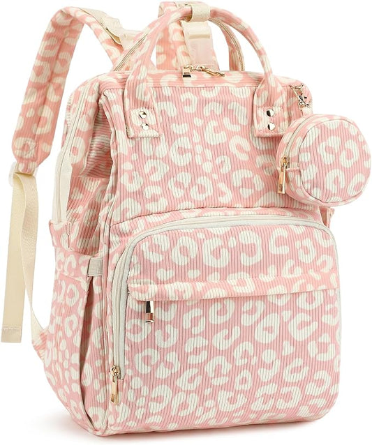 Corduroy Diaper Bag Backpack, Large Capacity Multifunction Baby Diaper Bags for Women, Insulated Bottle Pockets & Pacifier Case, Stylish Travel Nappy Changing Bags for Mom Dad (Leopard Pink) by Unknown