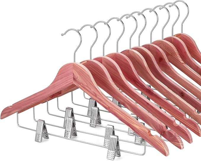 TOPIA HANGER American Red Cedar Wooden Hangers with Adjustable Metal Clips and 360° Swivel Hook, Premium Wood Clothes Hangers 10 Pack for Suit, Pant, Skirt, Jeans, Coat, Jacket-CT28C by TOPIAHANGER