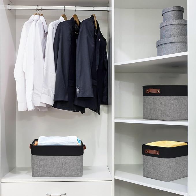 Storage Bins Large Fabric Storage Baskets for Shelves 3 Pack, Decorative Linen Closet Baskets with Handles for Organizing, Shelf, Clothes, Home, Office, 15x11x9.5Inches (Grey&Black) - Image 2