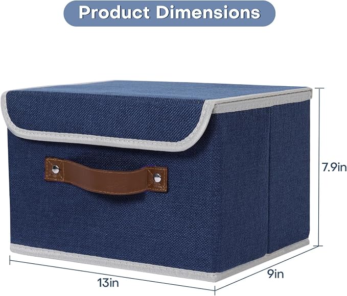 ANMINY Fabric Storage Box Bins with Lids, Blue, 13"x9"x7.9", 2 Pack | Keepsake Memory Storage, Cotton Linen, PP Board Reinforced, Washable, PU Handles, Foldable & Stackable, Decorative, Medium - Image 5