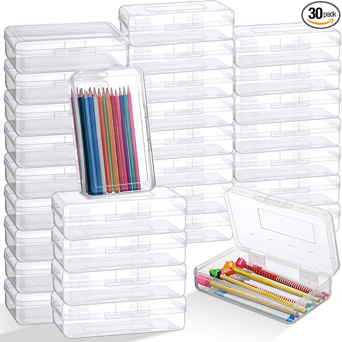 Patelai 30 Pcs Large Capacity Pencil Case Bulk Clear Hard Plastic Pencil Box Organizer with Snap Tight Lid Stackable Crayon Storage Box for Kids School Classroom Home Office 2 Style (Transparent) by Patelai