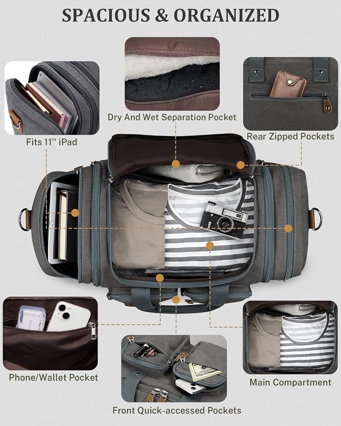 Gonex Duffle Bag for Travel, Expandable 60L Overnight Weekender Gym Bag | Water-Resistant Canvas, Wet-Dry Pocket, Luggage Sleeve, Carry-On Size, Detachable Strap, Grey - Image 4