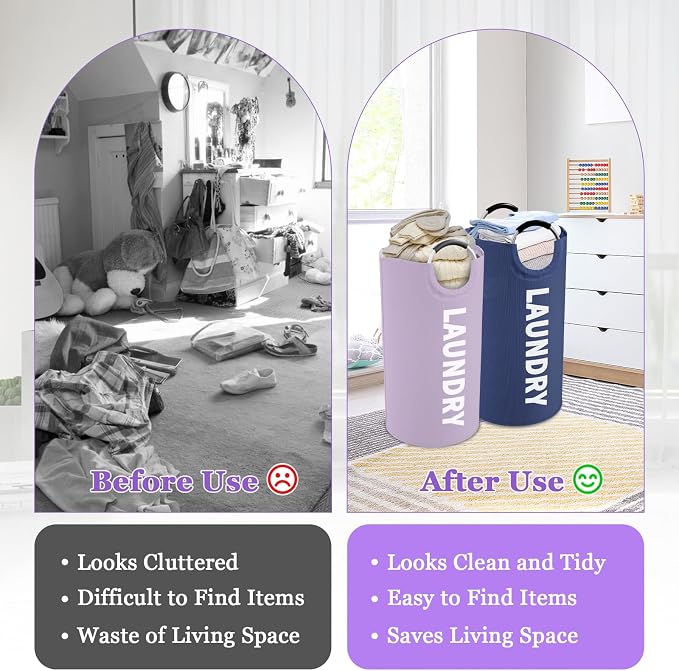 2PCS 95L Collapsible Laundry Basket, Dirty Clothes Hamper for Family | IHOMAGIC Padded Handle Dirty Clothes Hamper, Freestanding Storage Basket For Bedroom, Travel, Camping, Purple+Navy Blue - Image 7