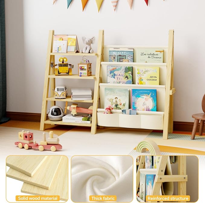 Toy Storage Organizer with Kids Bookshelf, Montessori Wooden Toy Organizer Book Shelf for Kids Rooms, Nursery, Playroom, Child, Baby, Toddler Bookcase, Toys Rack Fabric Sling Book Shelves - Image 2