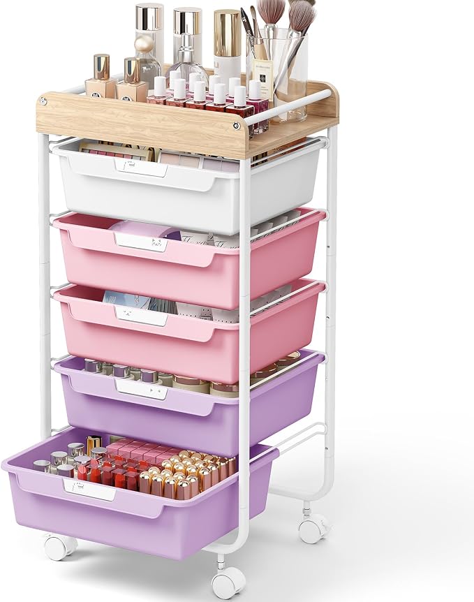 SYKIARIOL Rolling Storage Utility Cart with 5 Drawers,Purple | Craft Cart with Wheels,Makeup Organizer,Art Supply And Storage Wooden Tabletop by SYKIARIOL