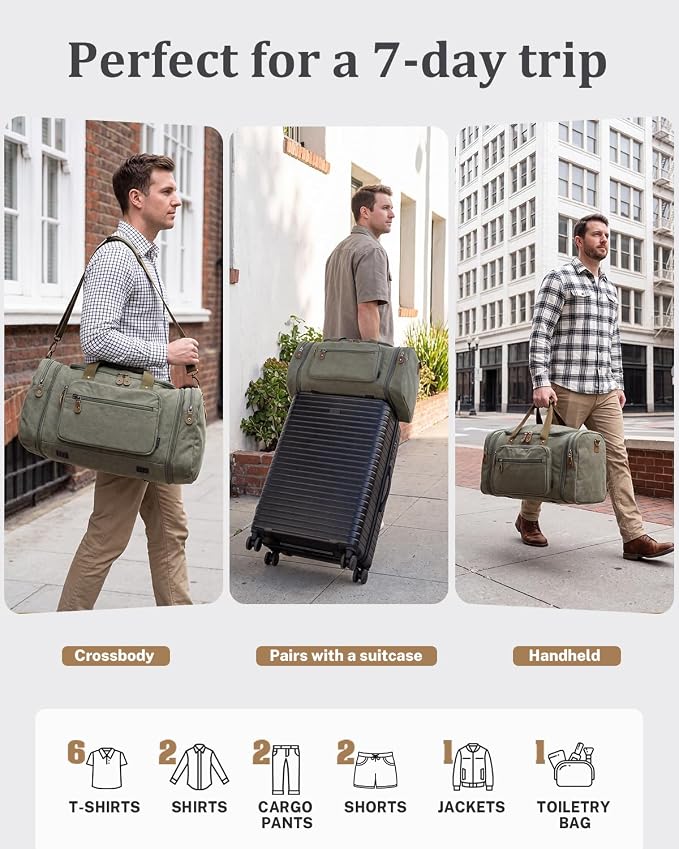 Gonex Canvas Duffle Bag, Expandable 60L Travel Overnight Weekender Bag | for Men, with Toiletry Bag, Multiple Pockets, Carry-On Size, Durable Zippers, Detachable Strap, Army Green - Image 5
