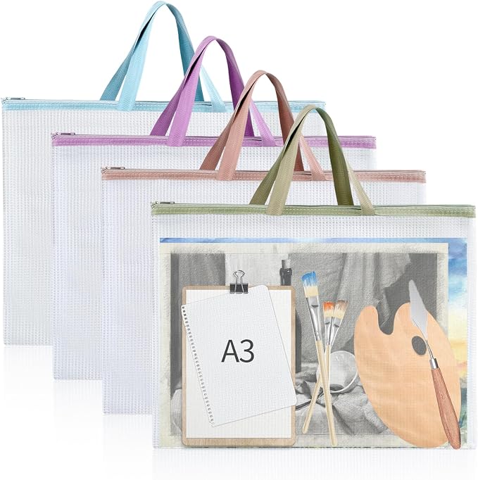 4 Pack A3 EVA Mesh Art Portfolio Bag, Transparent A3 Folders for Artwork with Handle and Zipper Waterproof Art Portfolio Case for File Storage by Unknown