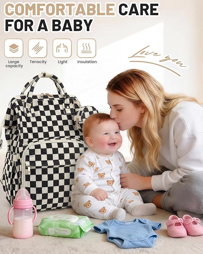 Corduroy Diaper Bag Backpack, Large Capacity Multifunction Baby Diaper Bags for Women, Insulated Bottle Pockets & Pacifier Case, Stylish Travel Nappy Changing Bags for Mom Dad (Checkered Black) - Image 2