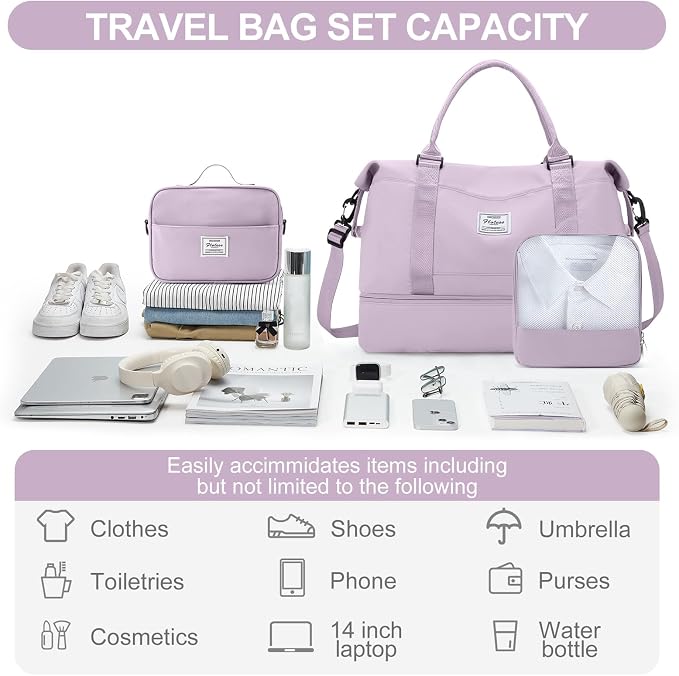 Weekender Bags for Women, Carry-On Overnight Travel Duffel Bag | Travel Bag with Shoes Compartment & Toiletry Bag, Extra Large, 3 Pcs Set - Image 3