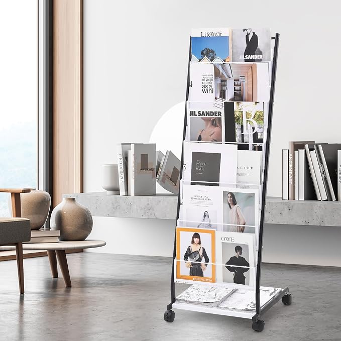 VEVOR Brochure Display Rack, 6-Tier Magazine Literature Display Stand, Floor Standing Magazine Rack Newspaper Catalog Holders, Movable with 4 Wheels (2 Lockable) for Shop Exhibitions Office, 6 Pockets - Image 8