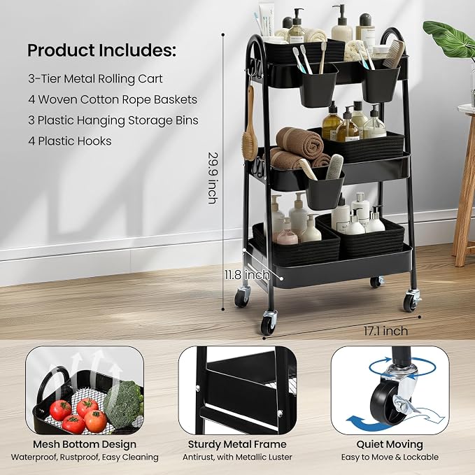 3-Tier Rolling Utility Cart with 4 Woven Baskets, Diaper Book Snack Cart, Storage Organizer for Nursery, Kitchen, Craft Room, Home SPA, Living Room, Metal Frame Trolley on Lockable Wheels, Black - Image 2