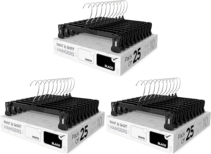 Pant & Skirt Hangers - Closet Hangers for Shorts, Shirts, Jeans, Dresses, Slacks, Coats, Clothes, Clothing, Garments & More - Durable, Space Saving & Non-Slip, Black - 75 Pack by Sharpty