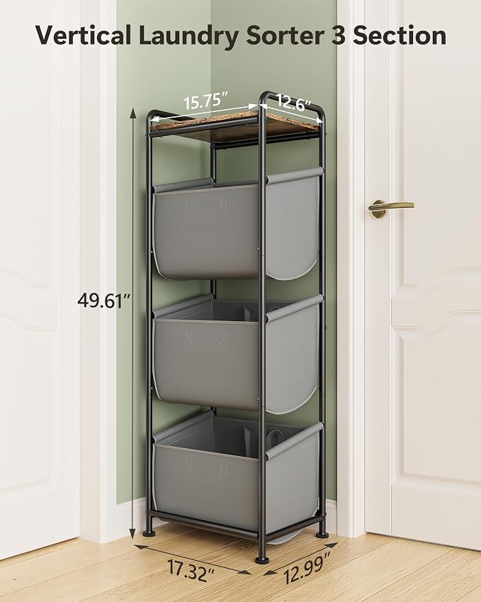 3 Section Laundry Sorter with Removable Bags, 120L Vertical Laundry Hamper with Shelf, Stackable Laundry Baskets organizer for Bathroom, Apartment, Dorm (Gray, With Shelf) - Image 8