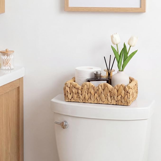 StorageWorks Toilet Paper Basket, Back of Toilet Basket with Wooden Handles | Scalloped Wicker Basket for Living Room, Decorative Scalloped Baskets for Storage, Wicker Baskets for Organizing and Decor - Image 6