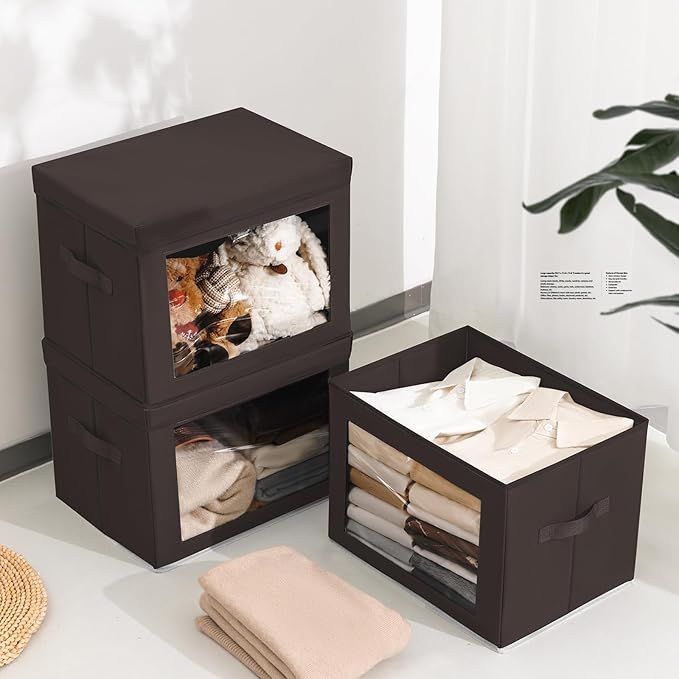 Stackable Storage Bins with Lids - Large Storage Box with Lids, Foldable Closet Boxes for Organizing, Wardrobe Clothes Organizer with Window, Cubes Bins for Living Room, 4 Pack, Brown - Image 6